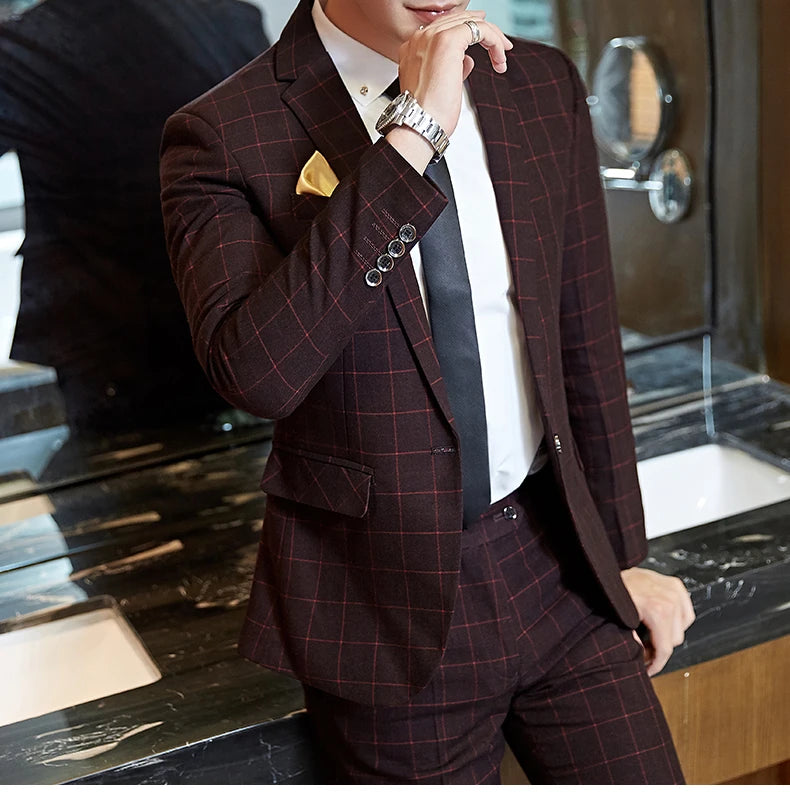 Exquisite Slim Fit Plaid Suit - 3 Piece Set