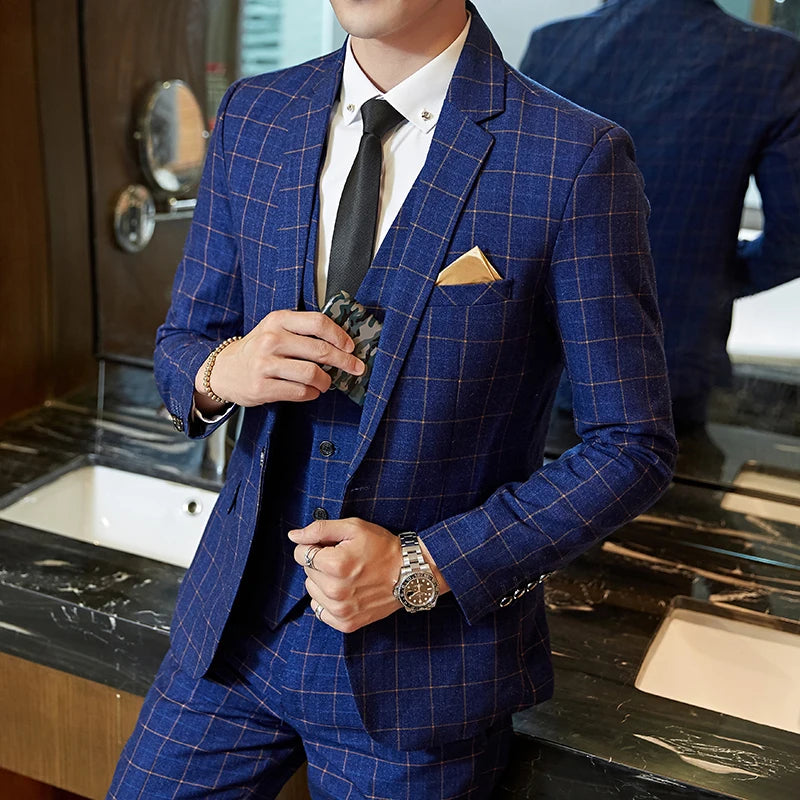 Exquisite Slim Fit Plaid Suit - 3 Piece Set