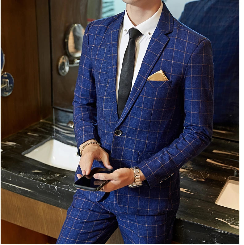 Exquisite Slim Fit Plaid Suit - 3 Piece Set