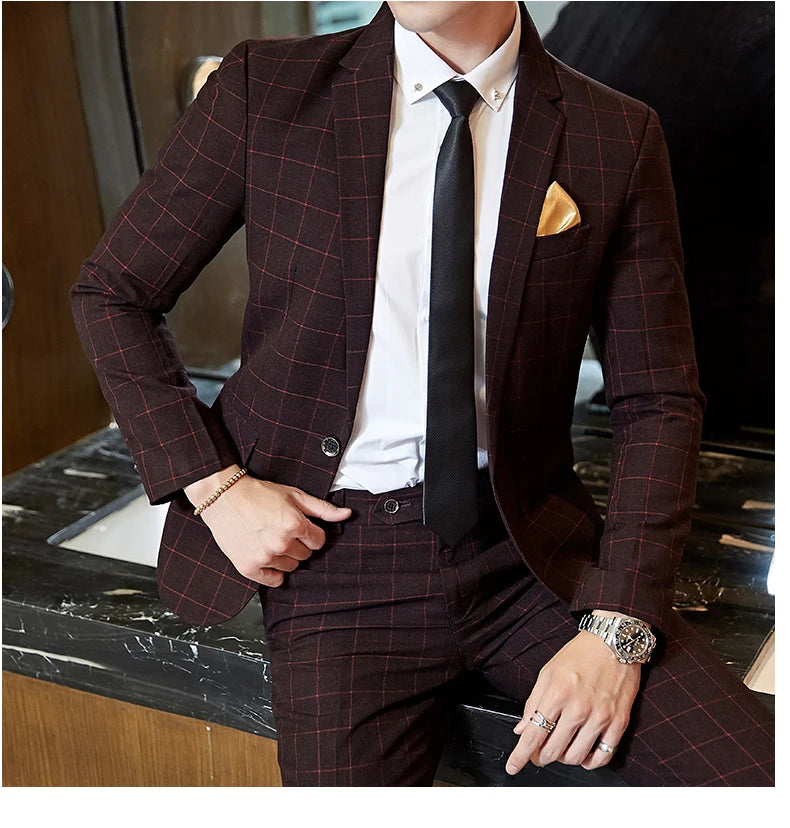 Exquisite Slim Fit Plaid Suit - 3 Piece Set