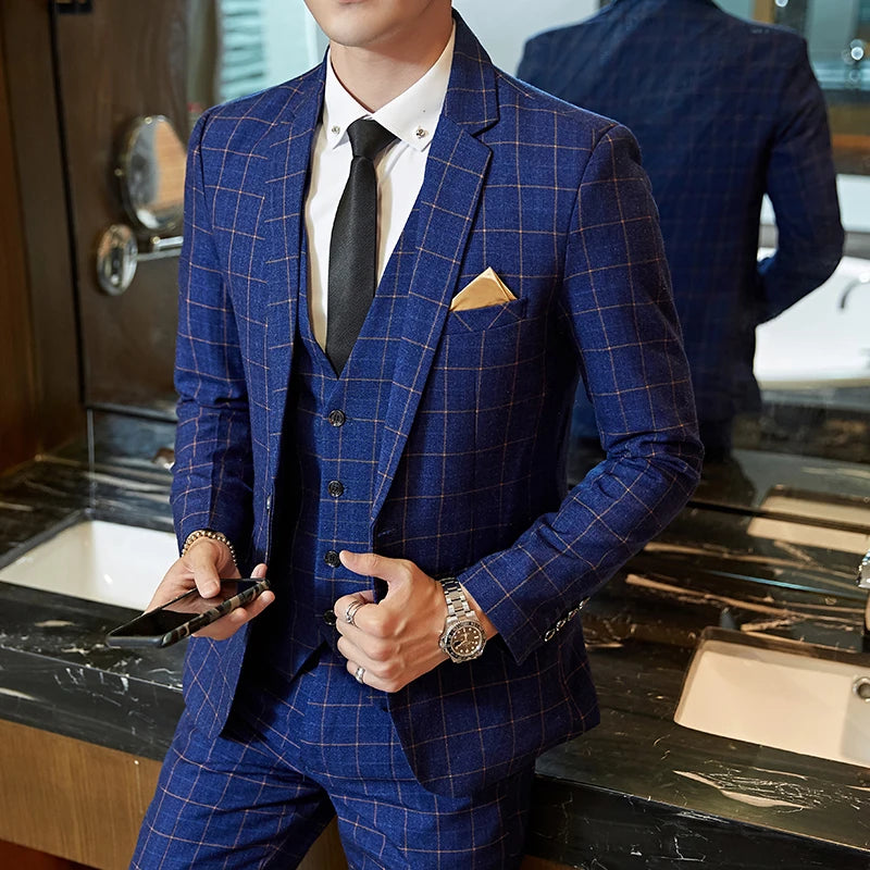 Exquisite Slim Fit Plaid Suit - 3 Piece Set