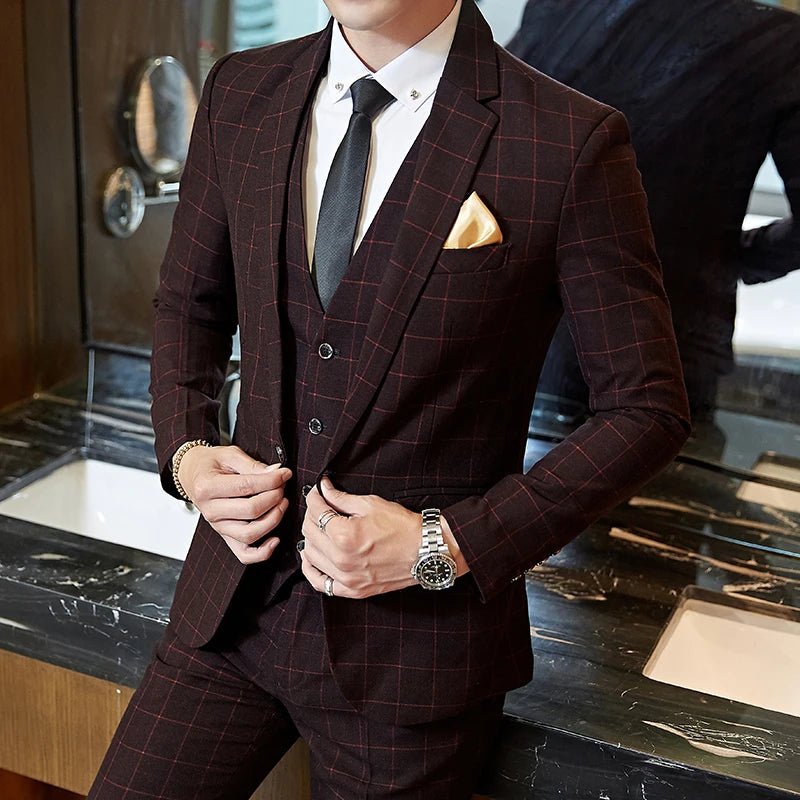 Exquisite Slim Fit Plaid Suit - 3 Piece Set
