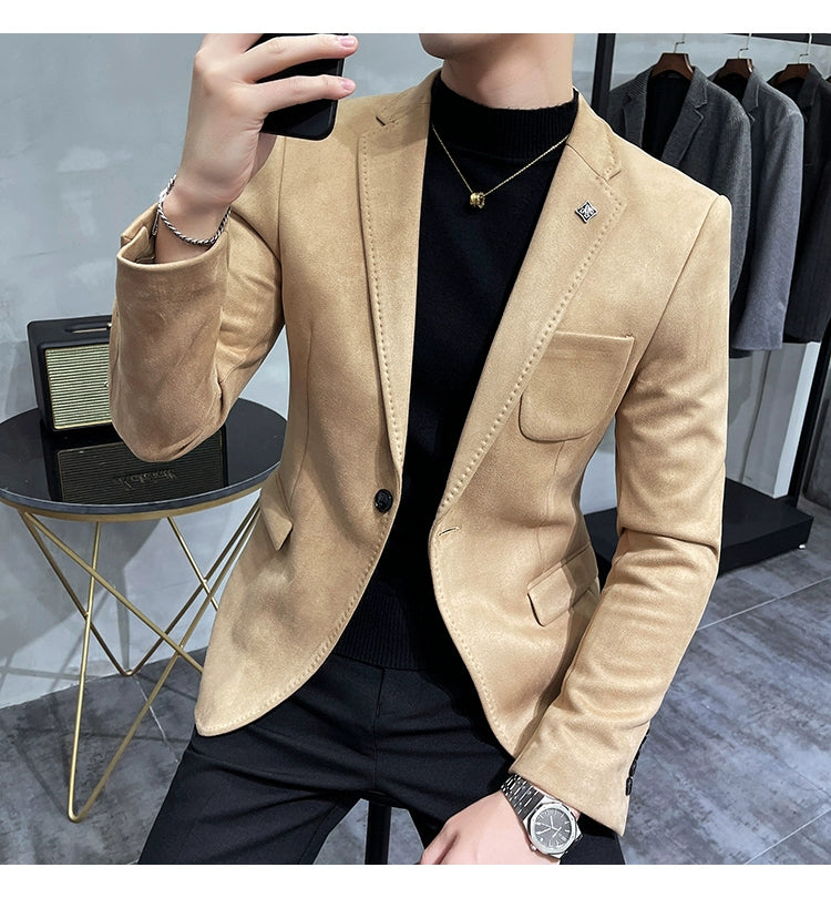 Men's Deerskin Fleece Jacket Suit Coat Blazer Men's Business Leisure Slim Fit Brand Fashion High Quality Single Button Suit Coat