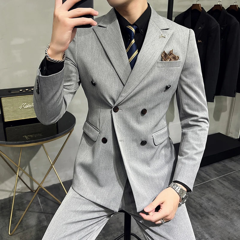 7XL-S (Blazer + Suit Pants) Fashion Double Breasted Slim Fit Men's Suit Italian Style Luxury Wedding Social Dress 2 Piece Set