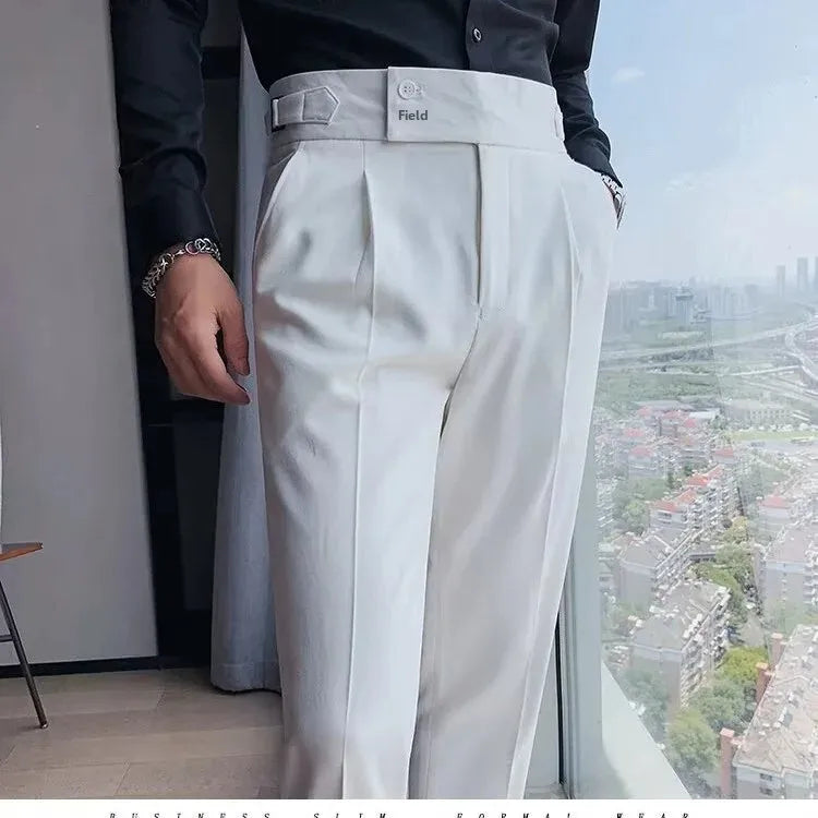 Italian Style Men's Naples Adjustable Buckle High Waist Nine-Piece Paris Button Suit Pants Casual Long Trousers for Men