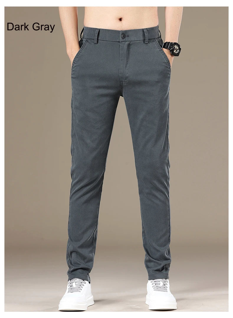 New Spring Summer Lyocell Fabric Mens Casual Pants Hight Quality Fashion Slim Business Trousers Brand Elastic Soft Pants