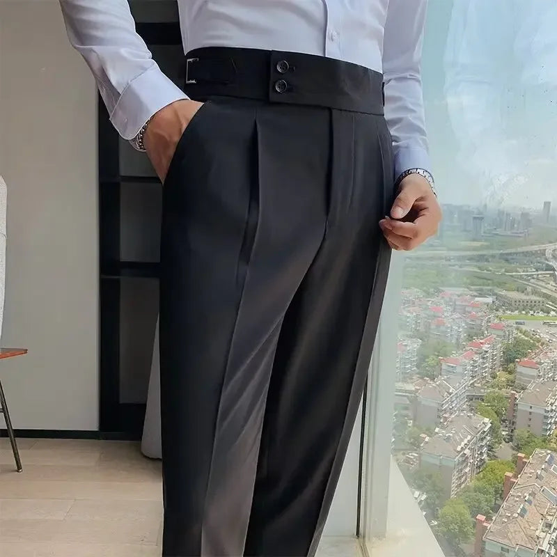 Italian Style Men's Naples Adjustable Buckle High Waist Nine-Piece Paris Button Suit Pants Casual Long Trousers for Men