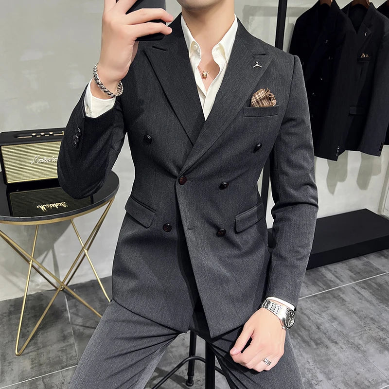 7XL-S (Blazer + Suit Pants) Fashion Double Breasted Slim Fit Men's Suit Italian Style Luxury Wedding Social Dress 2 Piece Set