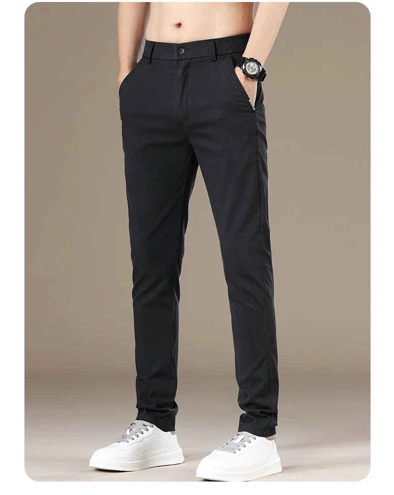 New Spring Summer Lyocell Fabric Mens Casual Pants Hight Quality Fashion Slim Business Trousers Brand Elastic Soft Pants