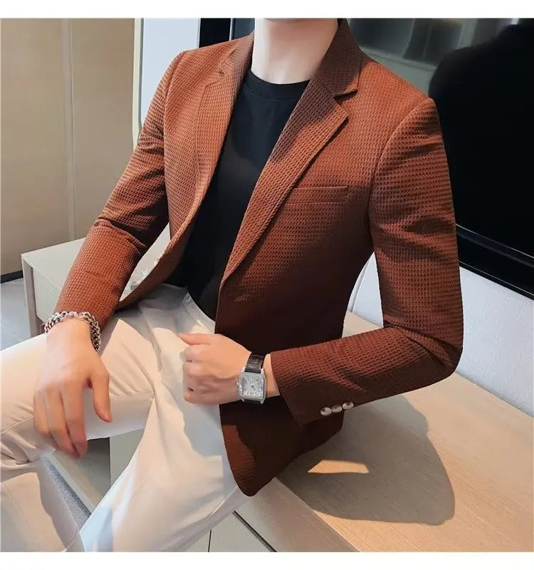 Waffle Suit Jacket Men Blazer Mature Style Casual Korean Fashion Comfort Suit Jacket Solid Color Business Fashion Coat Top