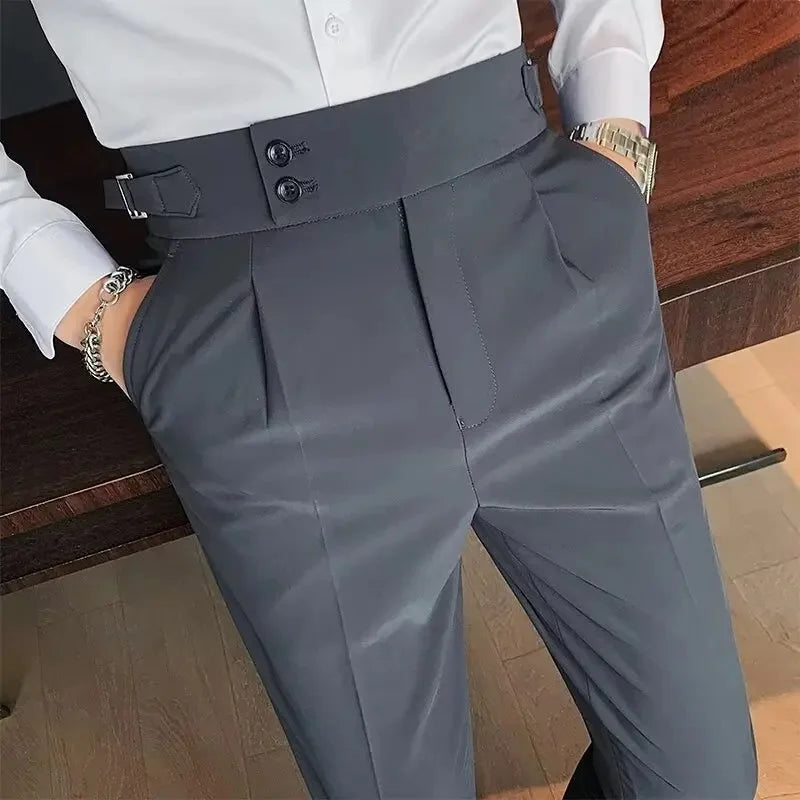 Italian Style Men's Naples Adjustable Buckle High Waist Nine-Piece Paris Button Suit Pants Casual Long Trousers for Men