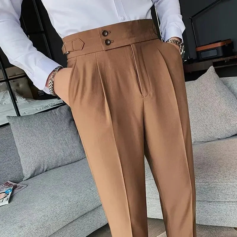 Italian Style Men's Naples Adjustable Buckle High Waist Nine-Piece Paris Button Suit Pants Casual Long Trousers for Men