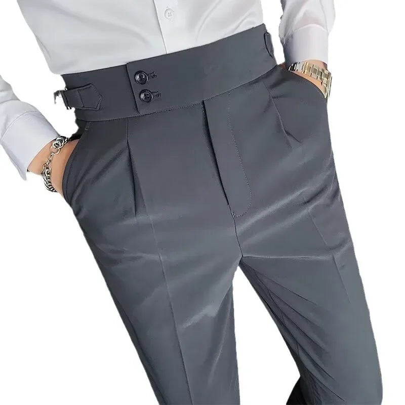 Italian Style Men's Naples Adjustable Buckle High Waist Nine-Piece Paris Button Suit Pants Casual Long Trousers for Men