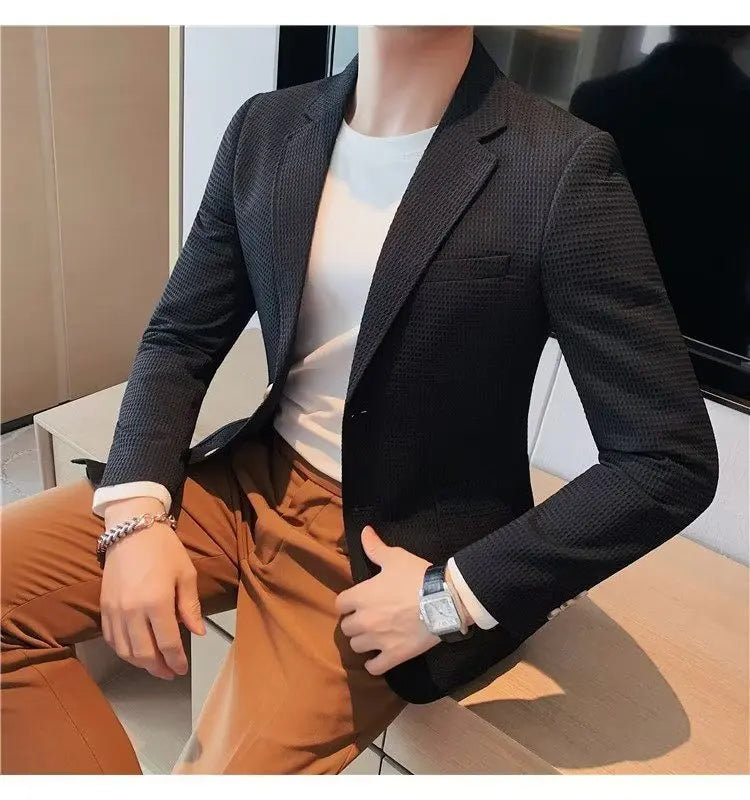 Waffle Suit Jacket Men Blazer Mature Style Casual Korean Fashion Comfort Suit Jacket Solid Color Business Fashion Coat Top