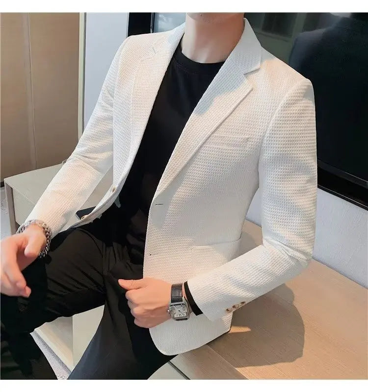 Waffle Suit Jacket Men Blazer Mature Style Casual Korean Fashion Comfort Suit Jacket Solid Color Business Fashion Coat Top