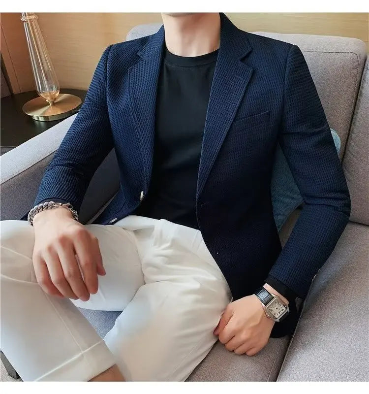 Waffle Suit Jacket Men Blazer Mature Style Casual Korean Fashion Comfort Suit Jacket Solid Color Business Fashion Coat Top