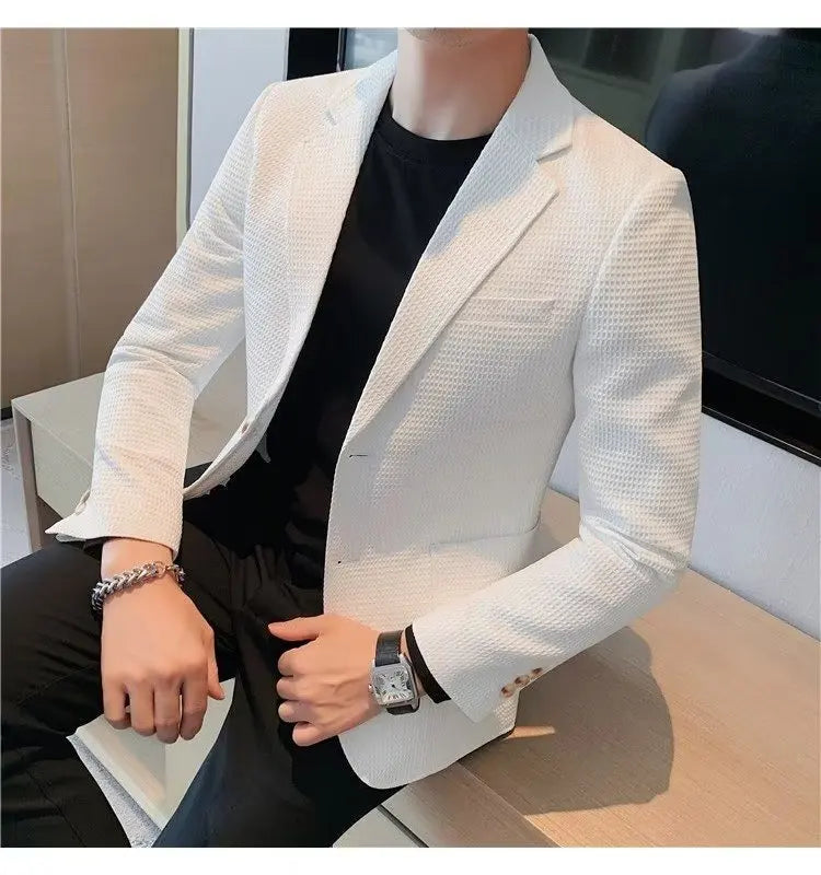 Waffle Suit Jacket Men Blazer Mature Style Casual Korean Fashion Comfort Suit Jacket Solid Color Business Fashion Coat Top