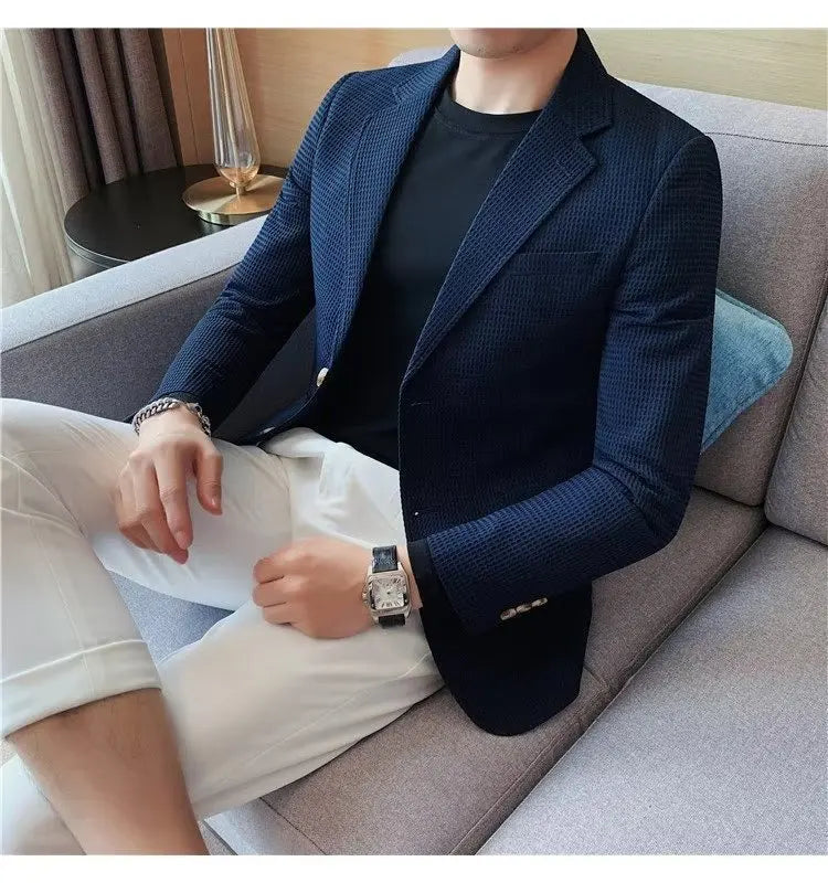 Waffle Suit Jacket Men Blazer Mature Style Casual Korean Fashion Comfort Suit Jacket Solid Color Business Fashion Coat Top