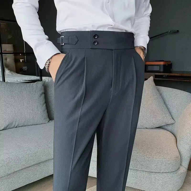 Italian Style Men's Naples Adjustable Buckle High Waist Nine-Piece Paris Button Suit Pants Casual Long Trousers for Men