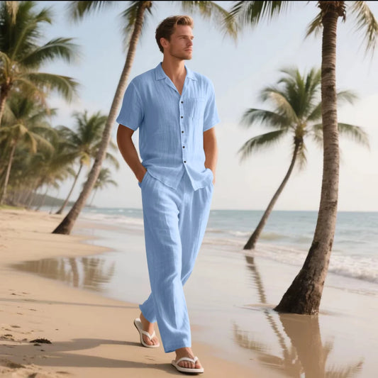 Men's Summer Beach Casual Cotton Linen Shirt Two-Piece Set with Lapel Pocket Long Pants And Shor Fashionable Breathable Clothing