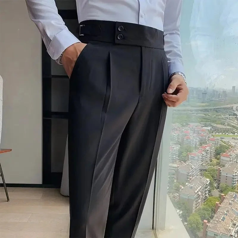 Italian Style Men's Naples Adjustable Buckle High Waist Nine-Piece Paris Button Suit Pants Casual Long Trousers for Men