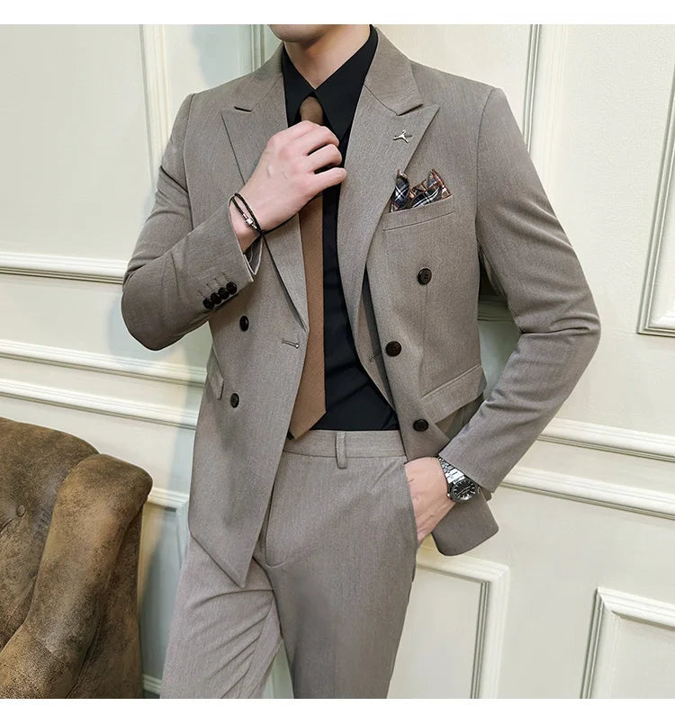 7XL-S (Blazer + Suit Pants) Fashion Double Breasted Slim Fit Men's Suit Italian Style Luxury Wedding Social Dress 2 Piece Set