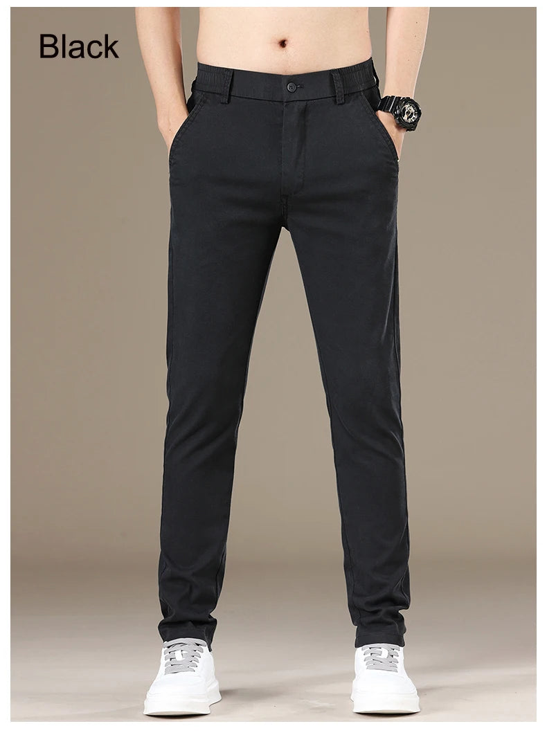 New Spring Summer Lyocell Fabric Mens Casual Pants Hight Quality Fashion Slim Business Trousers Brand Elastic Soft Pants
