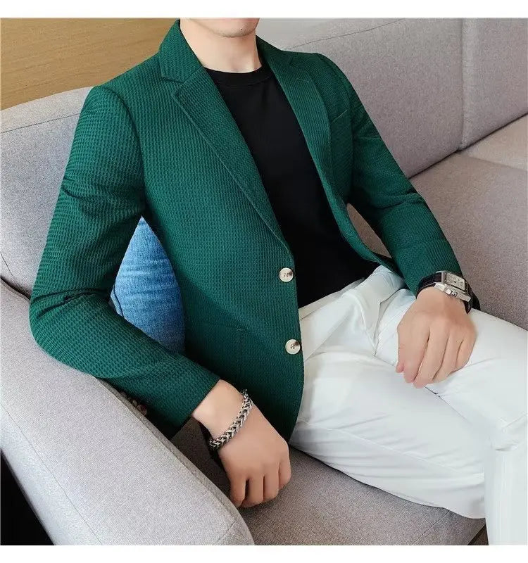 Waffle Suit Jacket Men Blazer Mature Style Casual Korean Fashion Comfort Suit Jacket Solid Color Business Fashion Coat Top