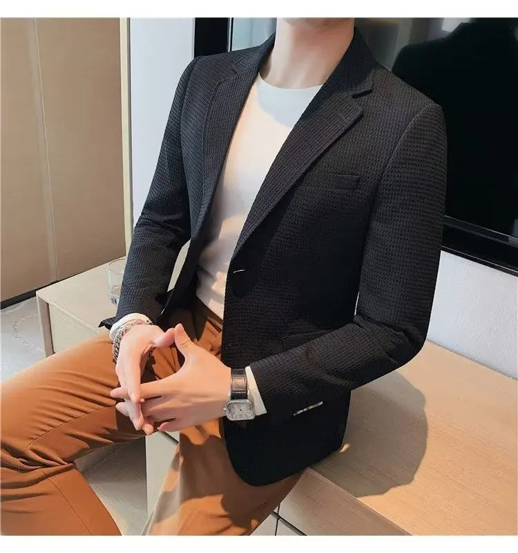 Waffle Suit Jacket Men Blazer Mature Style Casual Korean Fashion Comfort Suit Jacket Solid Color Business Fashion Coat Top