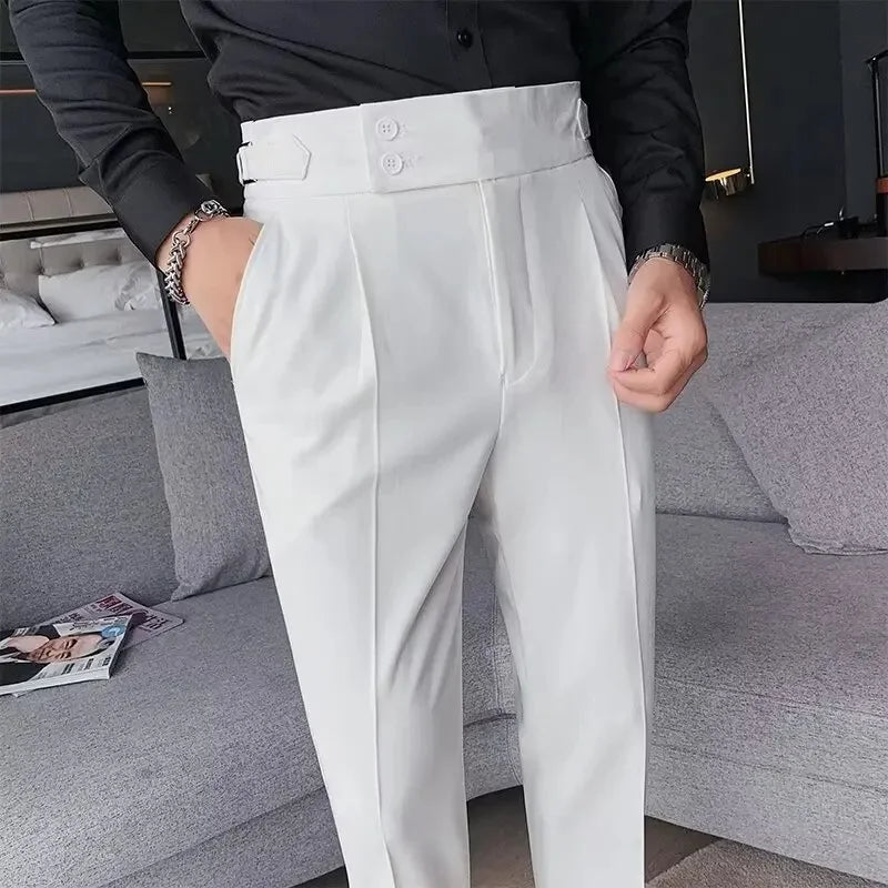 Italian Style Men's Naples Adjustable Buckle High Waist Nine-Piece Paris Button Suit Pants Casual Long Trousers for Men