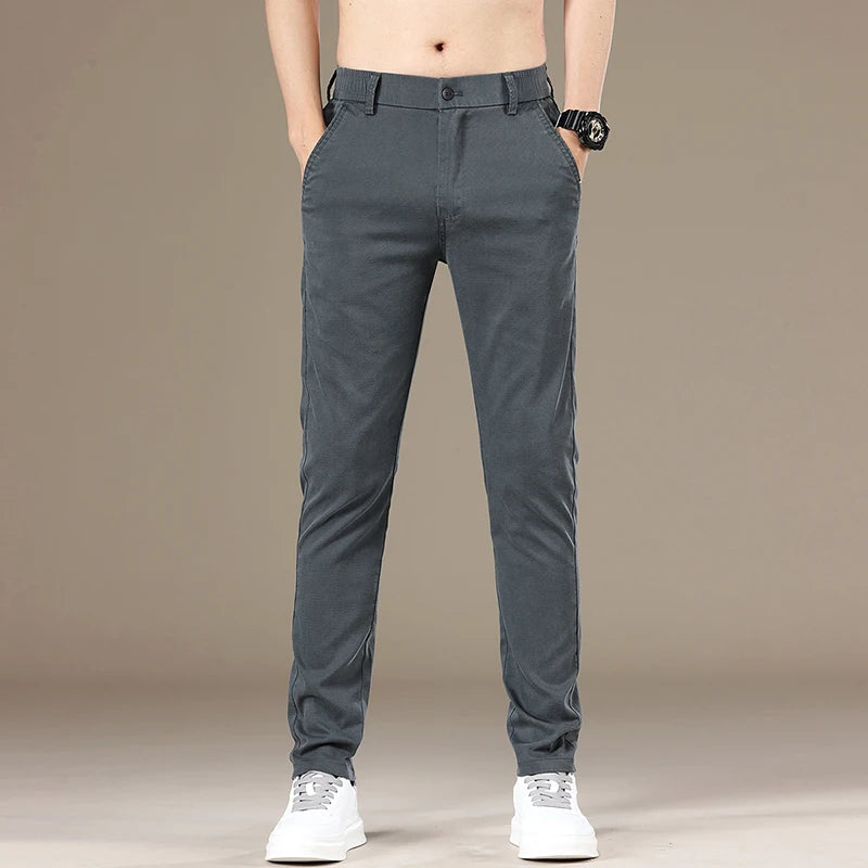 New Spring Summer Lyocell Fabric Mens Casual Pants Hight Quality Fashion Slim Business Trousers Brand Elastic Soft Pants