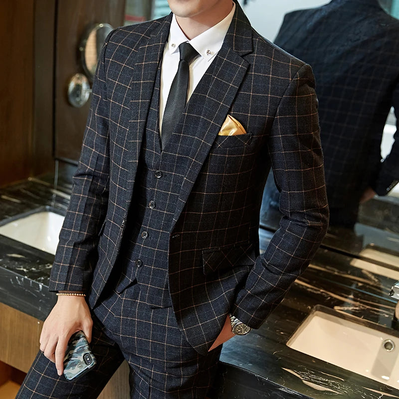 Exquisite Slim Fit Plaid Suit - 3 Piece Set
