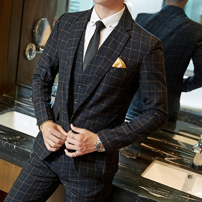 Exquisite Slim Fit Plaid Suit - 3 Piece Set