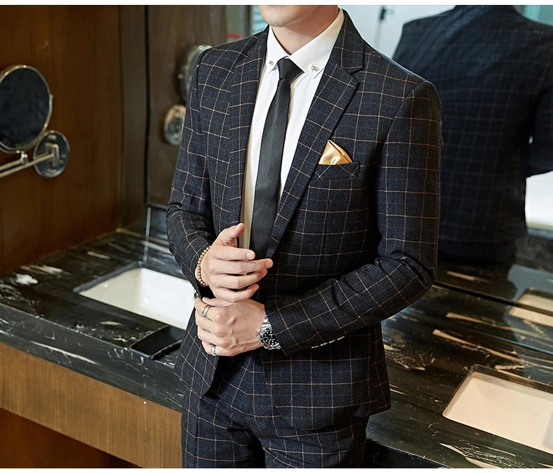 Exquisite Slim Fit Plaid Suit - 3 Piece Set