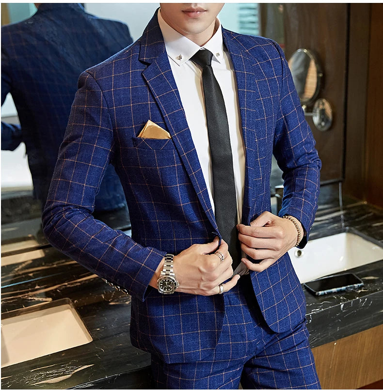Exquisite Slim Fit Plaid Suit - 3 Piece Set