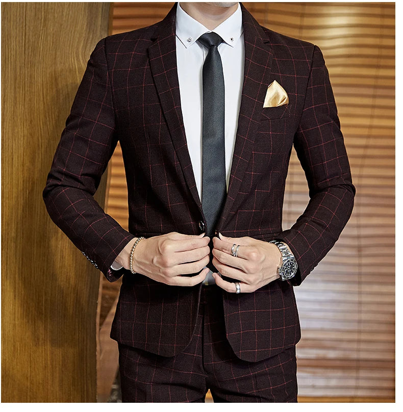 Exquisite Slim Fit Plaid Suit - 3 Piece Set