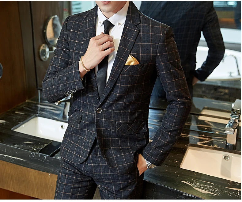 Exquisite Slim Fit Plaid Suit - 3 Piece Set
