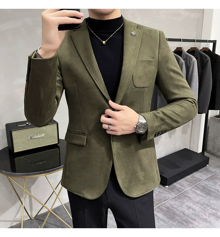 Men's Deerskin Fleece Jacket Suit Coat Blazer Men's Business Leisure Slim Fit Brand Fashion High Quality Single Button Suit Coat