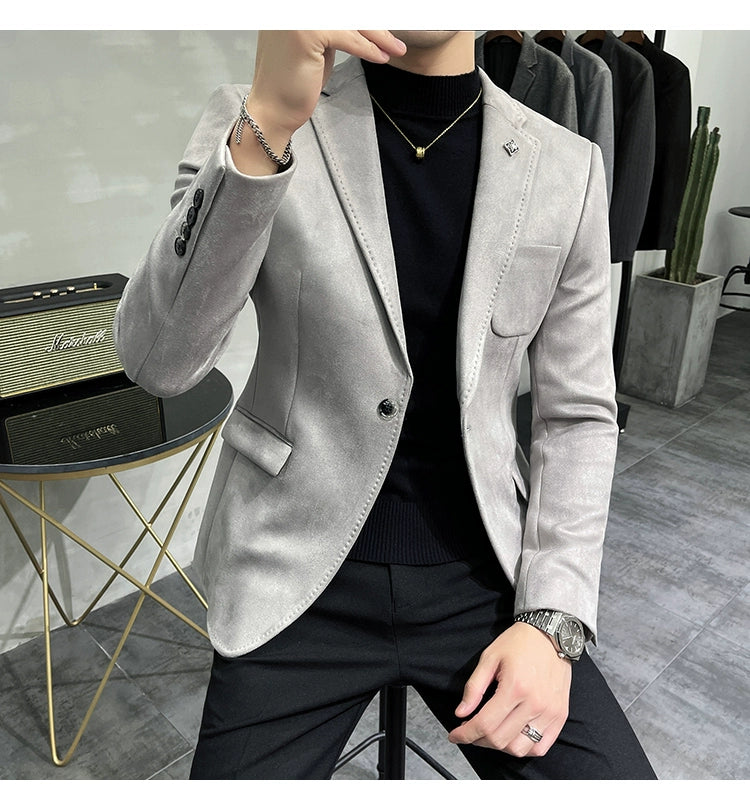Men's Deerskin Fleece Jacket Suit Coat Blazer Men's Business Leisure Slim Fit Brand Fashion High Quality Single Button Suit Coat