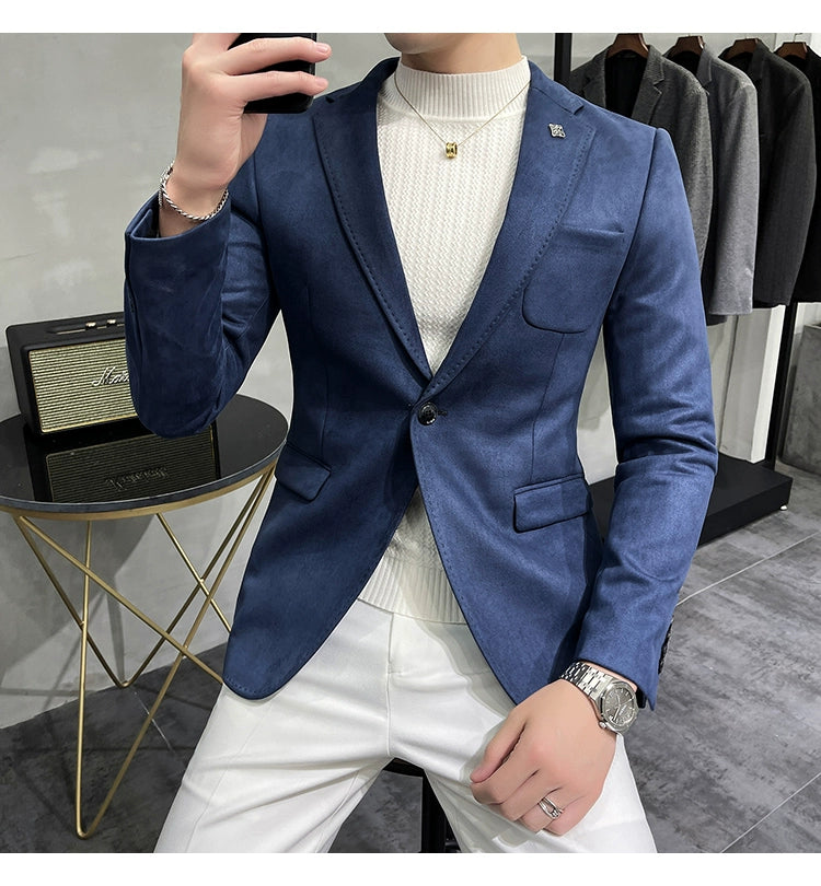 Men's Deerskin Fleece Jacket Suit Coat Blazer Men's Business Leisure Slim Fit Brand Fashion High Quality Single Button Suit Coat