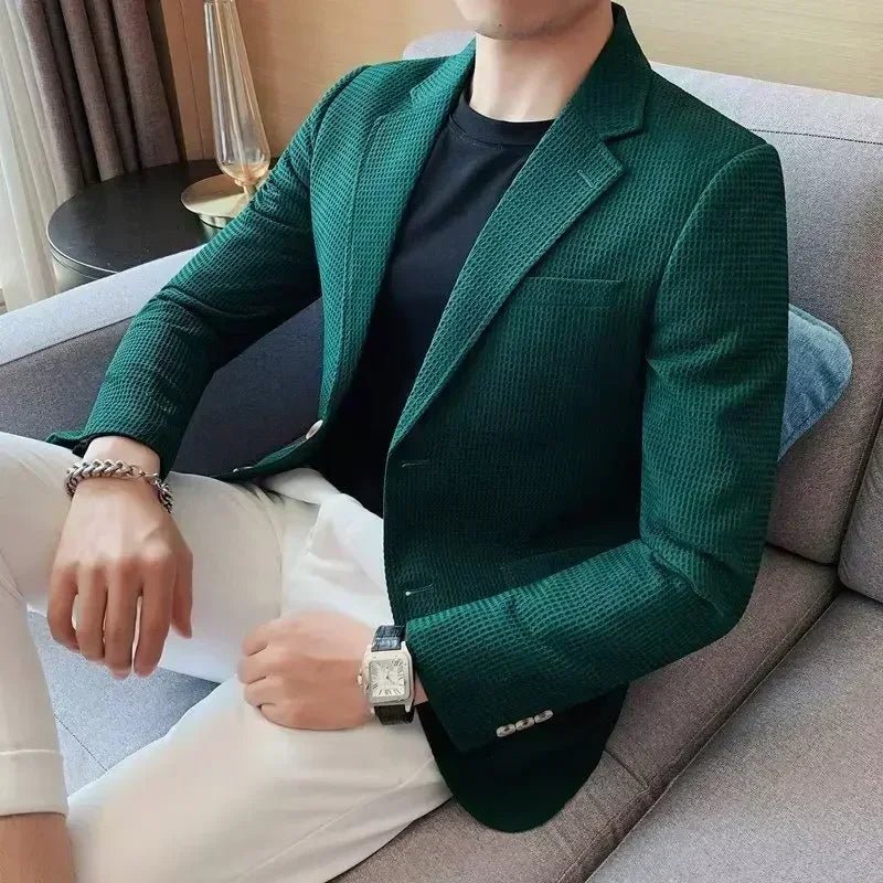Waffle Suit Jacket Men Blazer Mature Style Casual Korean Fashion Comfort Suit Jacket Solid Color Business Fashion Coat Top