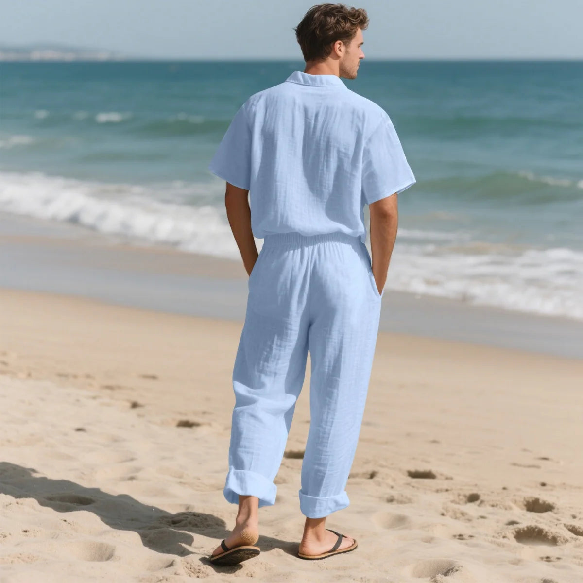Men's Summer Beach Casual Cotton Linen Shirt Two-Piece Set with Lapel Pocket Long Pants And Shor Fashionable Breathable Clothing