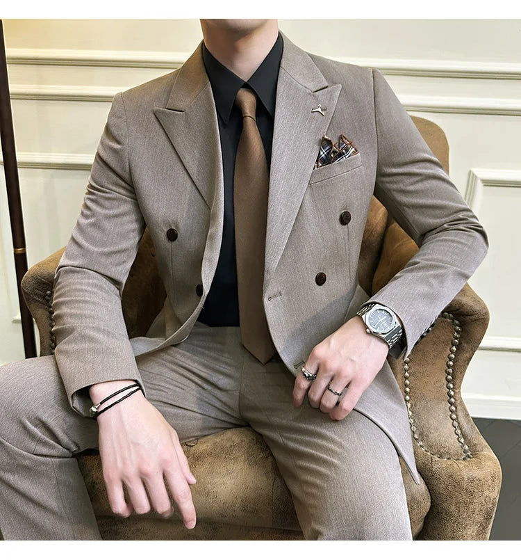 7XL-S (Blazer + Suit Pants) Fashion Double Breasted Slim Fit Men's Suit Italian Style Luxury Wedding Social Dress 2 Piece Set