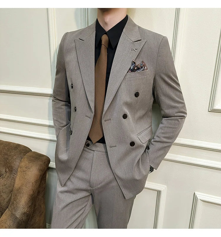 7XL-S (Blazer + Suit Pants) Fashion Double Breasted Slim Fit Men's Suit Italian Style Luxury Wedding Social Dress 2 Piece Set