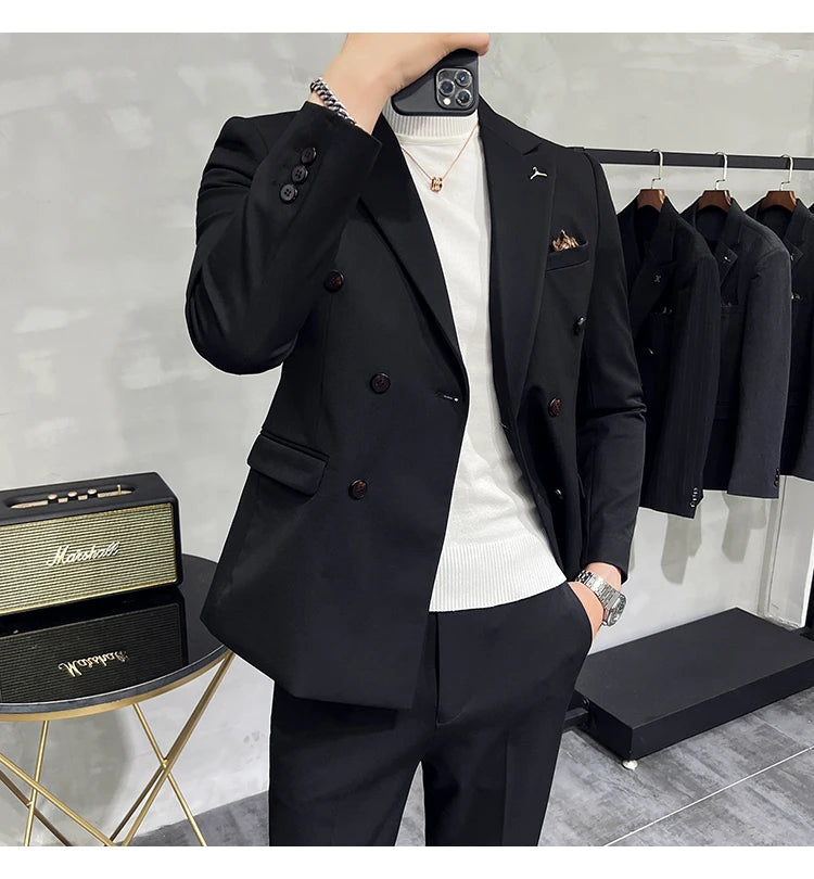 7XL-S (Blazer + Suit Pants) Fashion Double Breasted Slim Fit Men's Suit Italian Style Luxury Wedding Social Dress 2 Piece Set