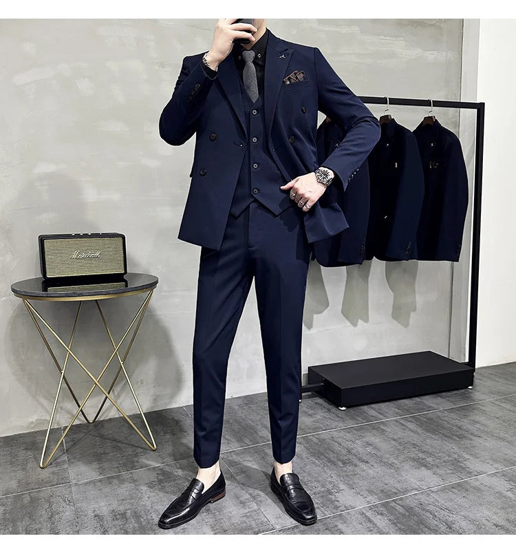 7XL-S (Blazer + Suit Pants) Fashion Double Breasted Slim Fit Men's Suit Italian Style Luxury Wedding Social Dress 2 Piece Set