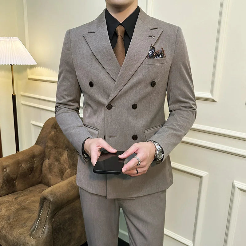 7XL-S (Blazer + Suit Pants) Fashion Double Breasted Slim Fit Men's Suit Italian Style Luxury Wedding Social Dress 2 Piece Set