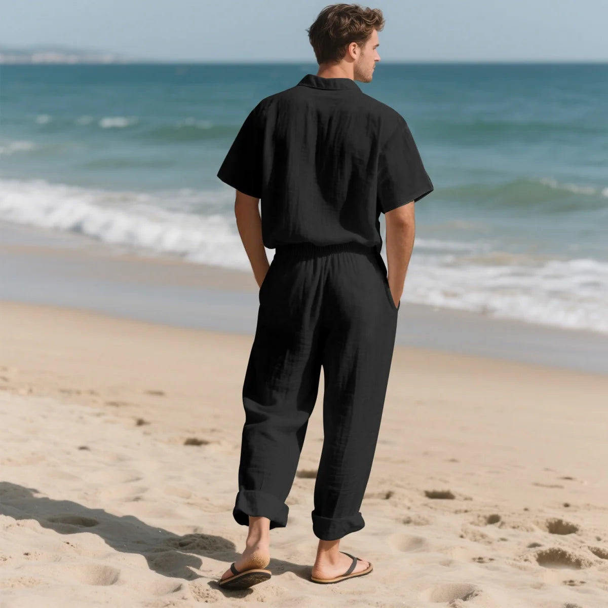 Men's Summer Beach Casual Cotton Linen Shirt Two-Piece Set with Lapel Pocket Long Pants And Shor Fashionable Breathable Clothing