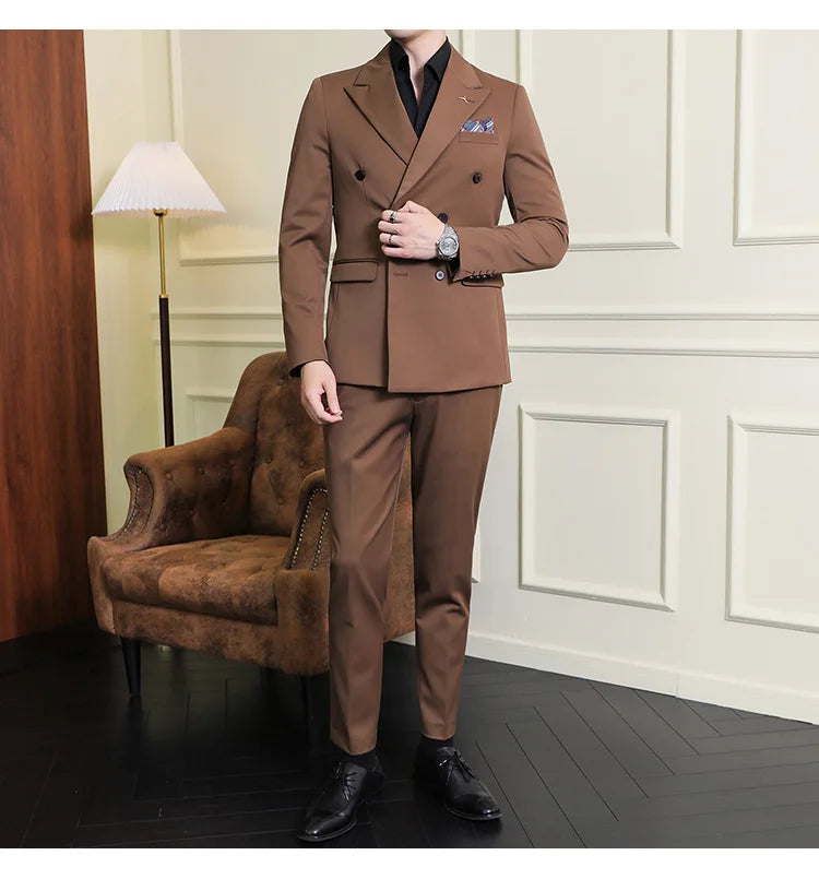 7XL-S (Blazer + Suit Pants) Fashion Double Breasted Slim Fit Men's Suit Italian Style Luxury Wedding Social Dress 2 Piece Set