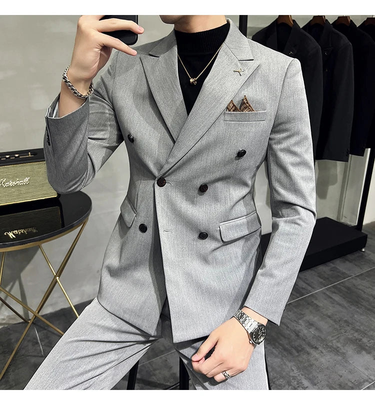 7XL-S (Blazer + Suit Pants) Fashion Double Breasted Slim Fit Men's Suit Italian Style Luxury Wedding Social Dress 2 Piece Set